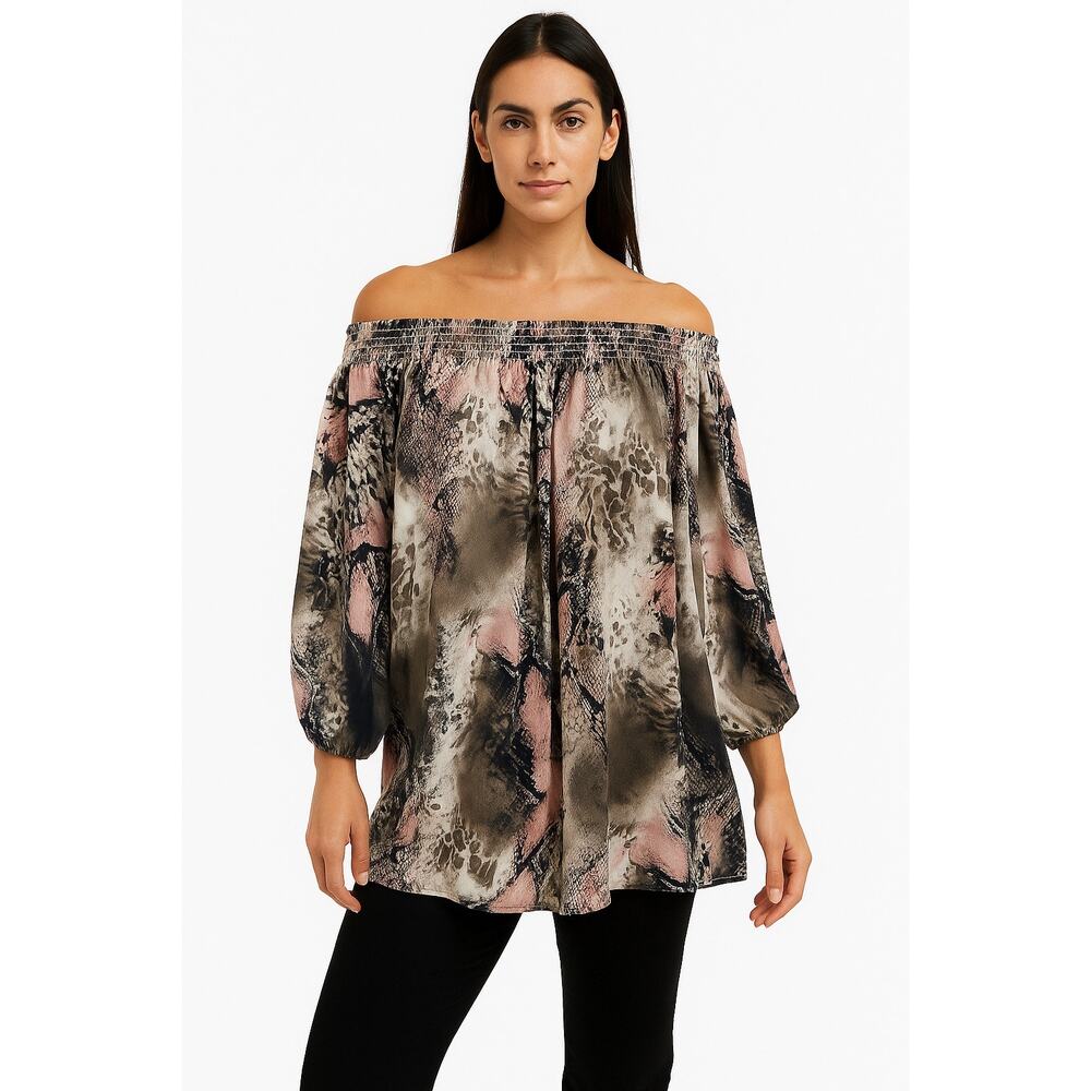 Ariella Colorful Snakeskin Print Balloon Sleeve Off Shoulder Top Made In USA L